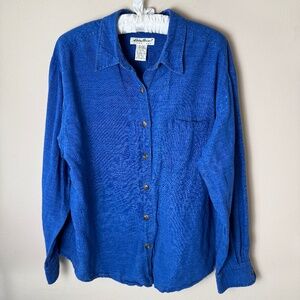 Vintage Eddie Bauer Linen Blend Button Down Shirt Womens XL Blue Top Blouse 90s